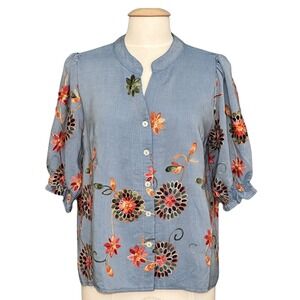 Parami Design Womens Top L Blue Floral Embroidered Boxy Peasant Country Cottage